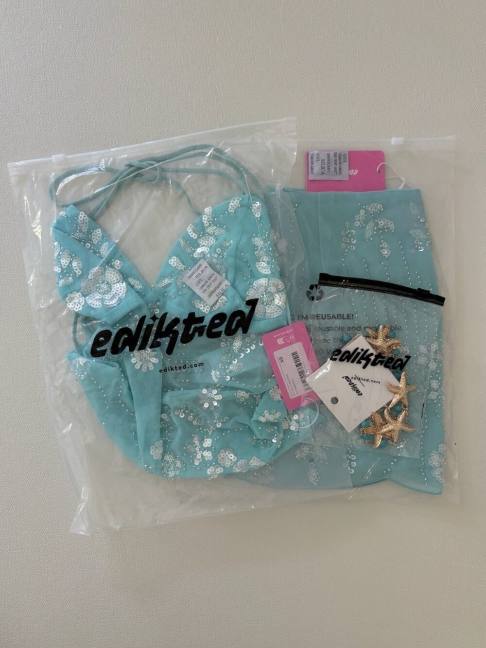 NWT Edikted Aqua Sequin 2 Piece Set Gold Starfish Accessory Size XS